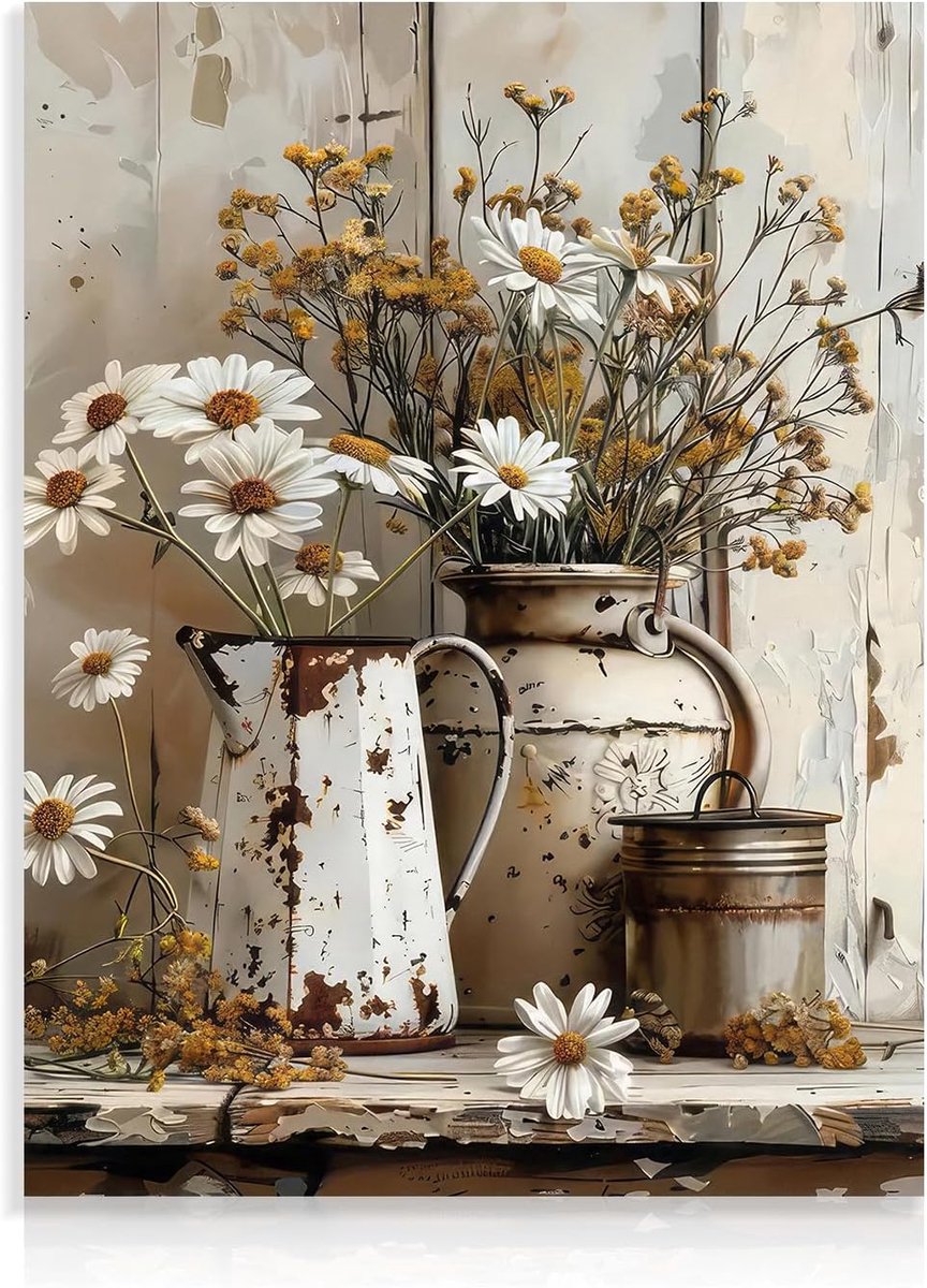Rustic Daisy Wall Art Farm Bathroom Wall Decor Vintage Rural Canvas Wall Art for Bedroom Bathroom 12x16 in Unframed