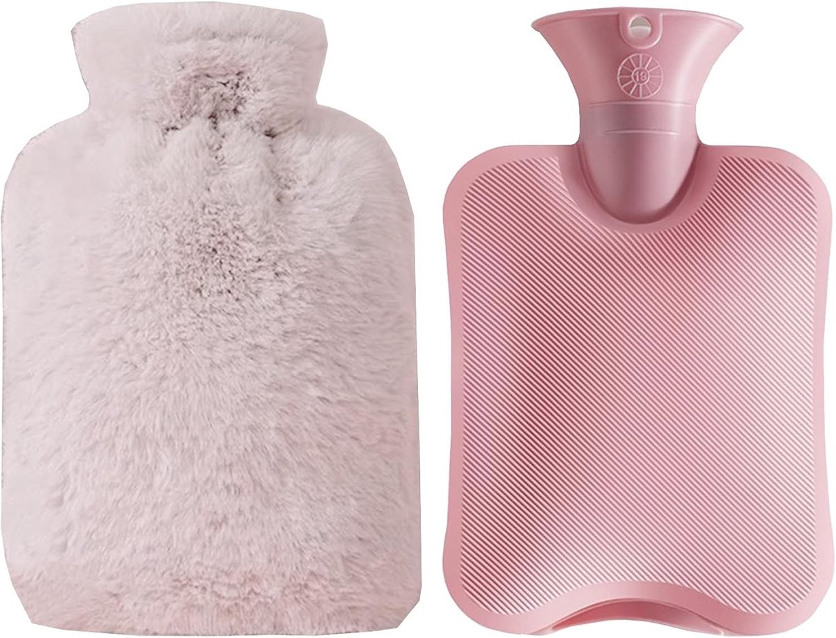 Grote warmwaterkruik van natuurlijk rubber, 2 liter, waterdicht, met zachte vacht voor langdurige warmte en comfort (roze)