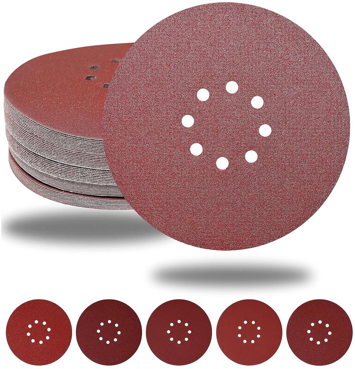 SnelShoppen - Pack van 50 schuurdiscs 225 mm, 10 gaten, 10 x P40/60/80/120/240, voor schuurmachine, plafonds, muren, fijn schuren, rood