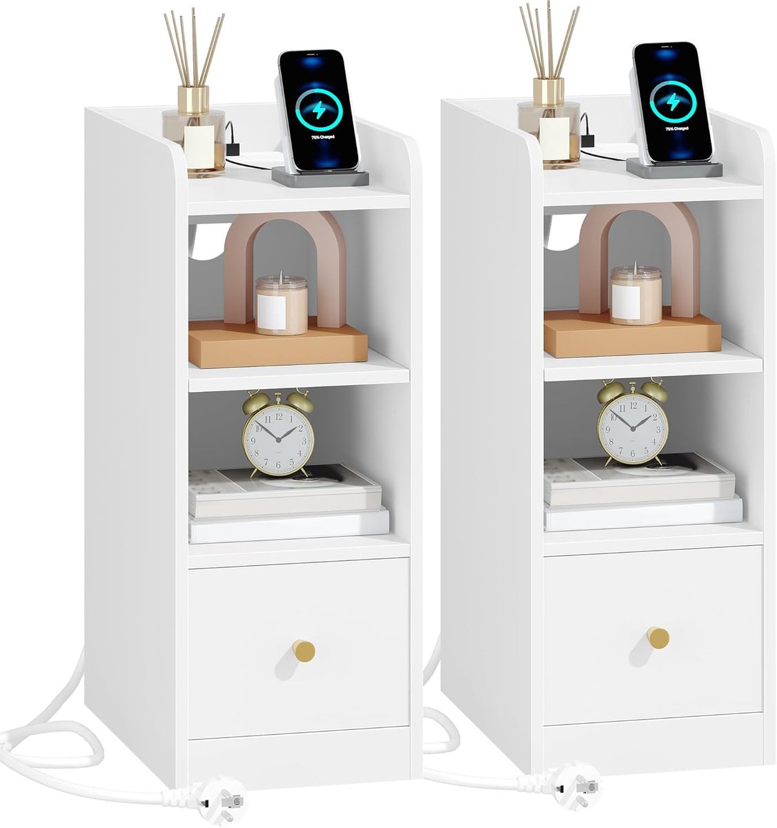 Hzuaneri Nachtkastje Set van 2 met Oplaadstation,USB & Type C Poort,Wit