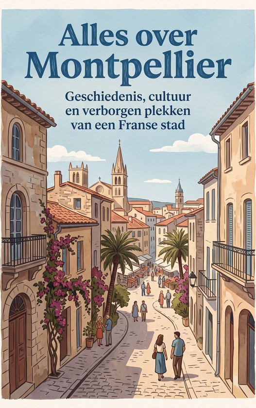 Boekomslag met de titel Alles over Montpellier in blauwe letters. Onder de titel staat Geschiedenis, cultuur en verborgen plekken van een Franse stad. De afbeelding toont een straatbeeld van Montpellier.