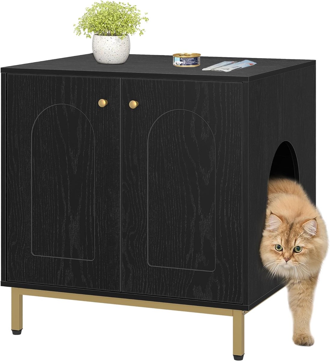 Hzuaneri Kattenkast,Kattentoilet,met Deur, 50 x 60 x 61 cm,Zwart Goud