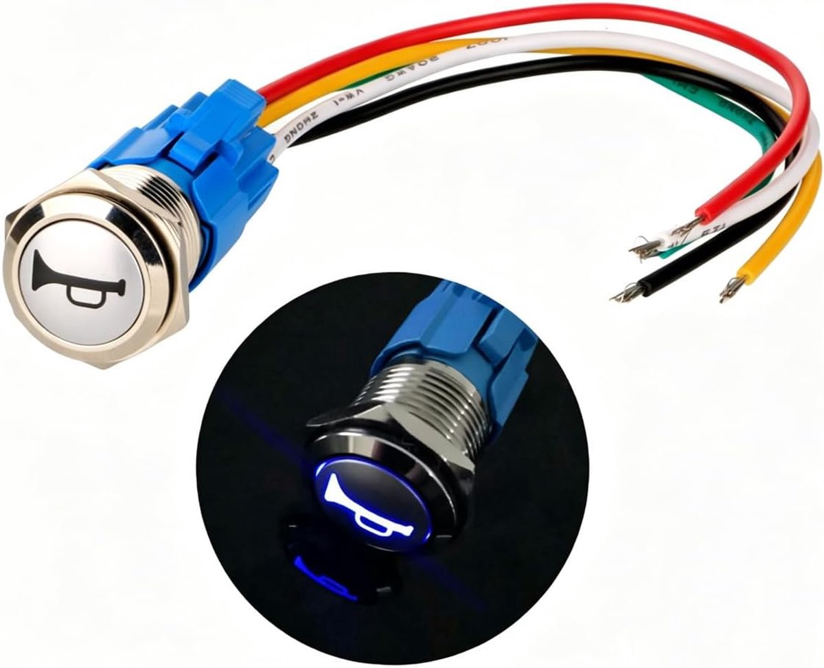 SnelShoppen - 16mm Momentane Drukknop Schakelaar Waterdicht Metaal met Blauw LED Licht voor Auto en Boot - 12V-24V/5A