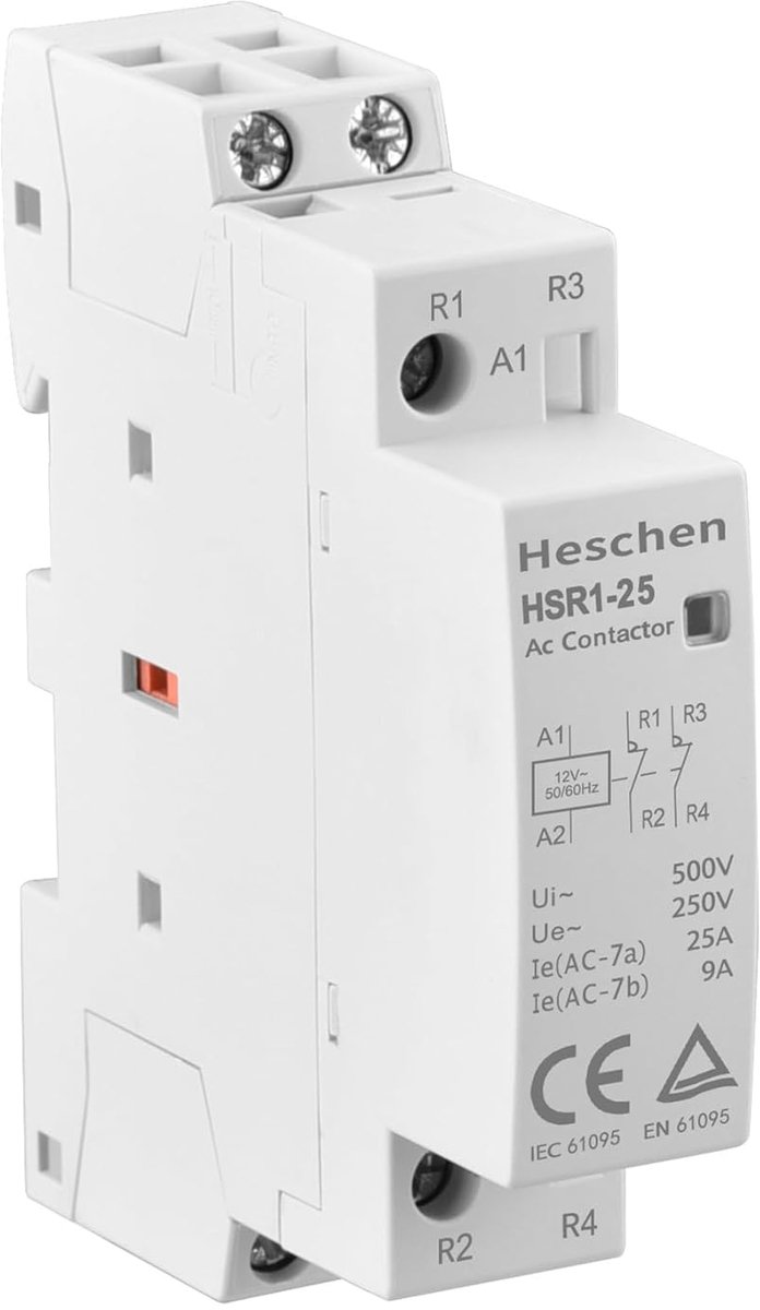 SnelShoppen - Huiselijke AC Schakelaar, HSR1-25, 25A, 2 Polen, Normaal Gesloten, 12V AC Spoelspanning, 35mm DIN Rail Bevestiging