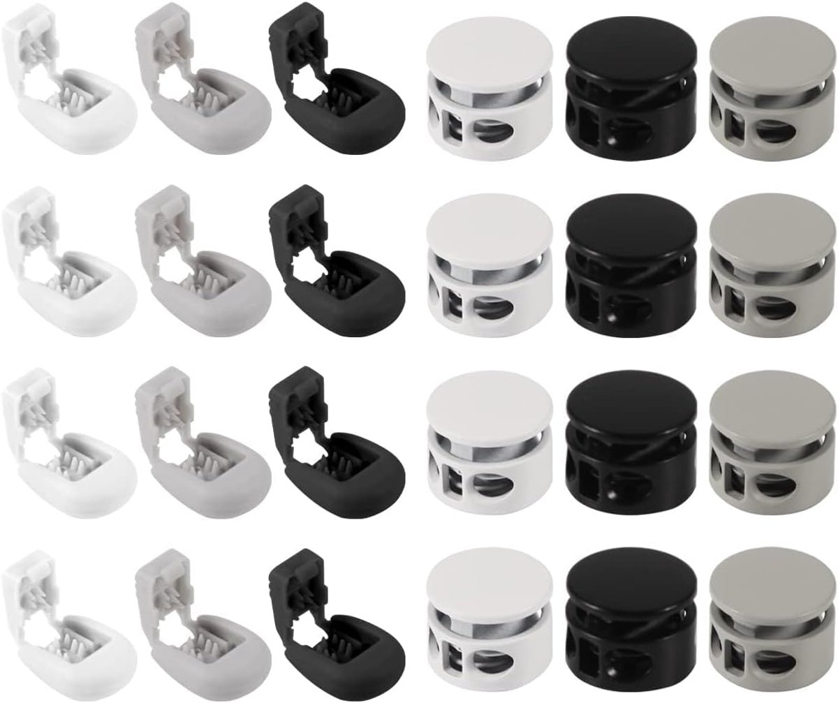 SnelShoppen - 24stuks Metaal Koordstopper met 2 Gaten en Koorduiteinden voor Kleding, Trekkoord, Rugzak, Veters (Zwart, Wit, Grijs)
