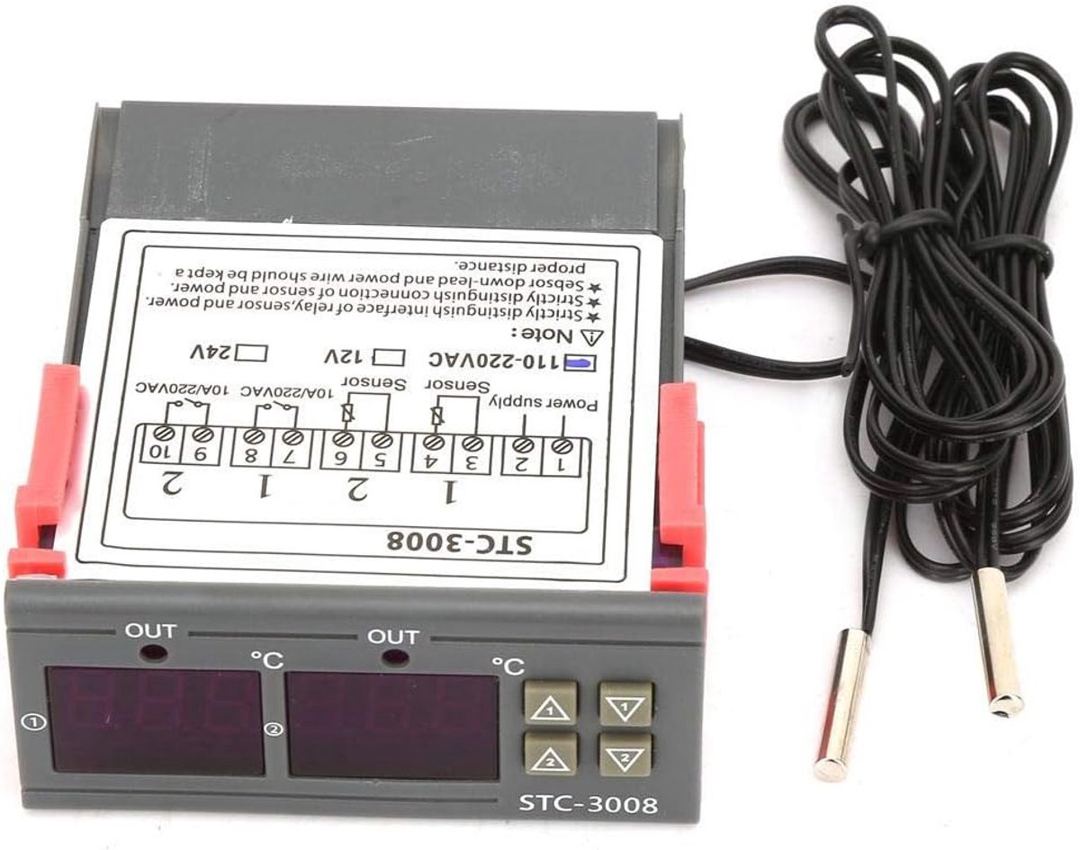 SnelShoppen - Digitale Temperatuurcontroller STC-3008 met Dubbele Display en Dubbele Sensor - Thermostaat Regeling voor Keuken, Tuin en Camping (110-2