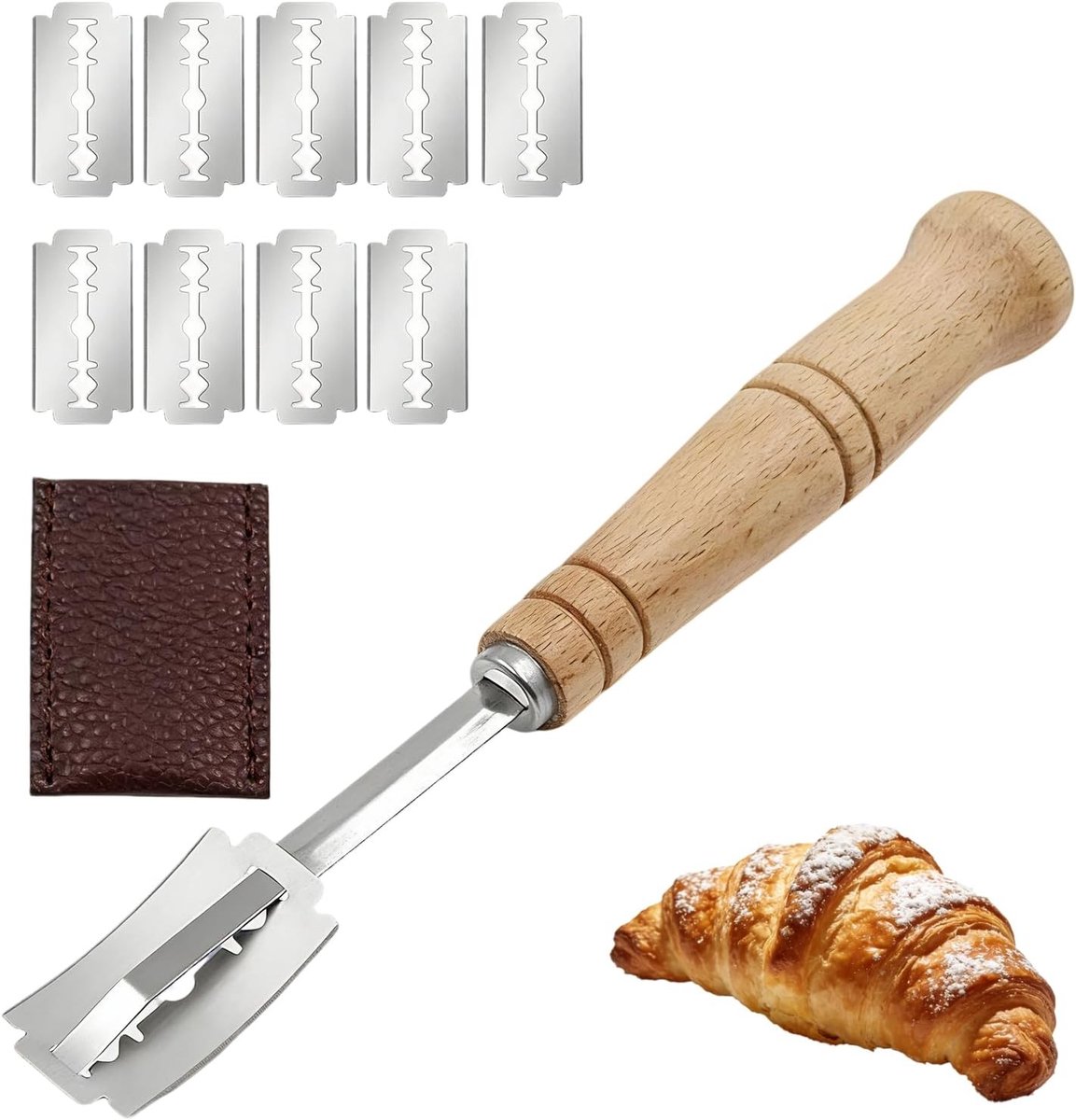 Professionele broodmes set van 10 roestvrij staal met lederen bescherming en antislip houten handvat voor creatief bakken en snijden van brood