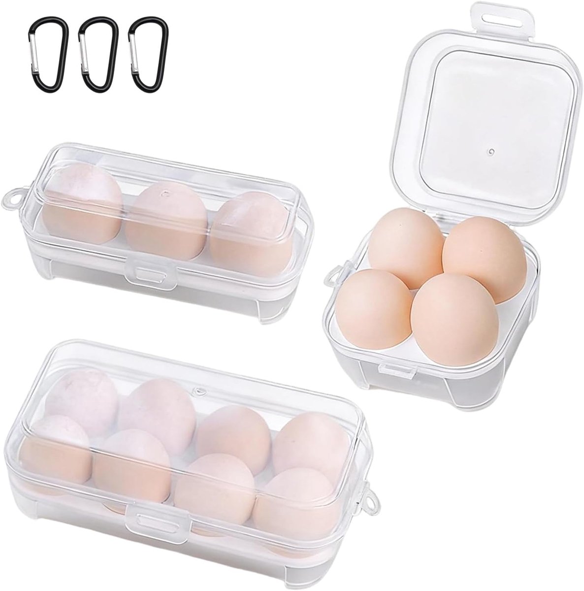 SnelShoppen - 3-delige Eieren Doos, Draagbare Eieren Opbergdoos met Karabijnhaak, Plastic Eieren Bewaarbox voor Koelkast, Keuken, Buiten, Picknick, Ka