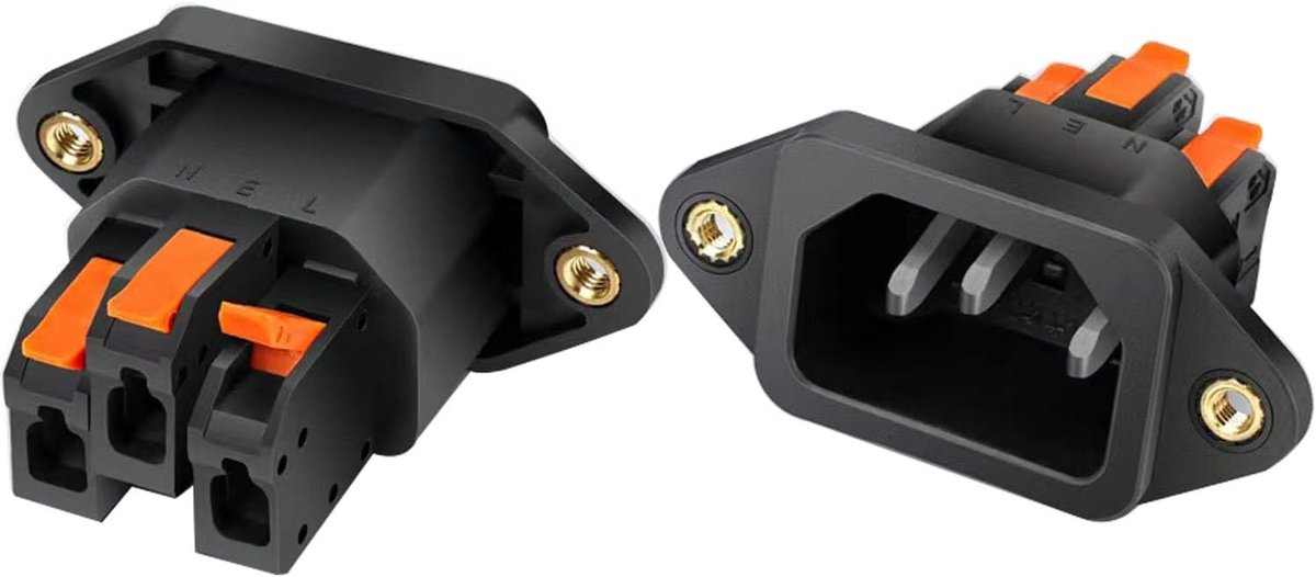 SnelShoppen - 2 Pack C14 3 Polige Inbouwsocket voor Koeltoestellen, Oranje Handvat, IEC Koudbush Flush-Montage, 10A 250V, Zwart, Draadbare Vervanging