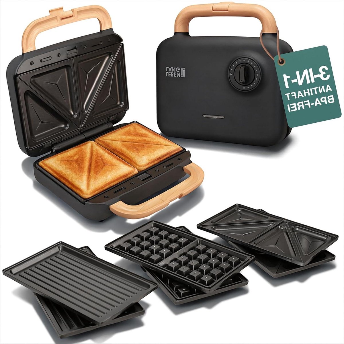 Sandwichmaker 3-in-1 - Wafelijzer Toaster - Snelle Maaltijden - Afneembare Platen - 750 Watt - Zwart
