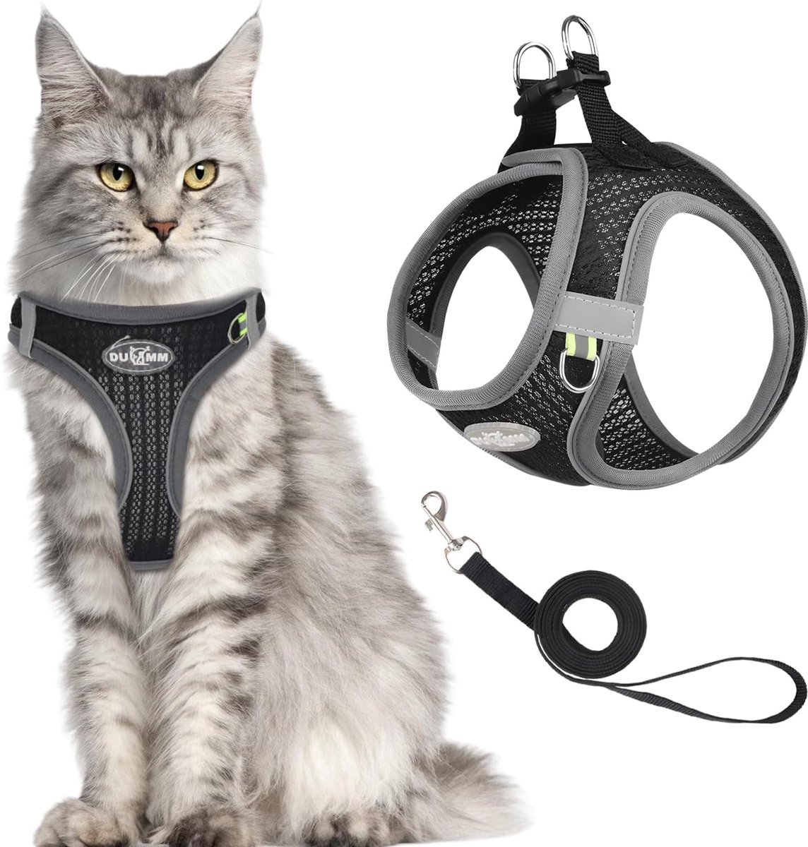 SnelShoppen - Ademend Zwart Kattenharnas met Zachte Borstband en Anti-Uitbreek Leash, Verstelbaar Kattenharnas voor Katten (M)