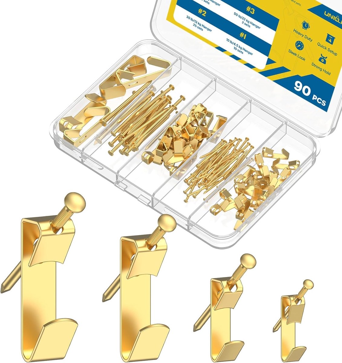 SnelShoppen - 90-delige Foto Hangset, Zware Foto Hangers tot 45 kg, Stevige Bevestigingshaken voor Droogwand en Hout, Perfect voor Foto's, Spiegels, S