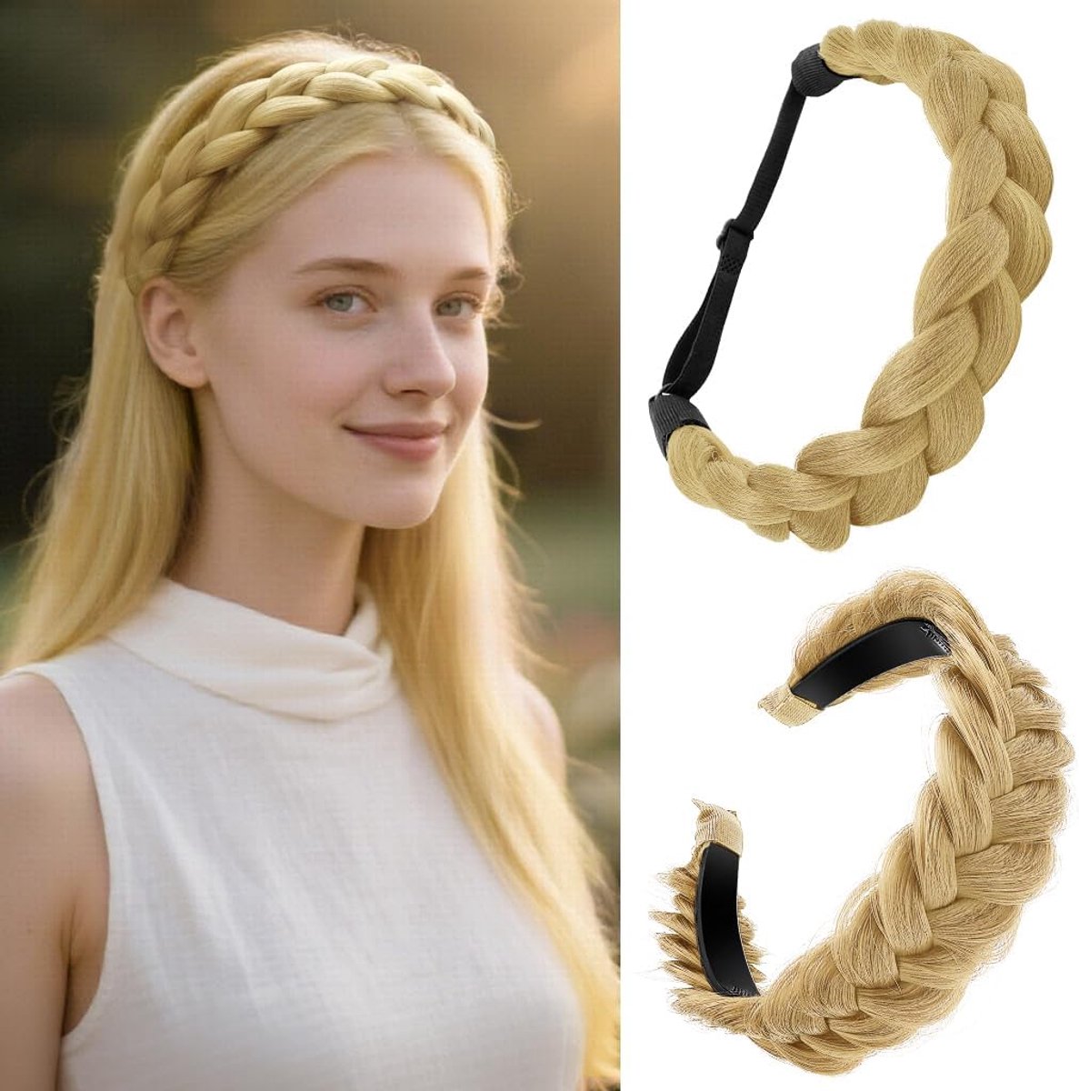 2 Pieces Handmade Woven Hair Bands, Stretchy Elastic Hair Bands with Non-Slip Teeth & Synthetic Hair Locks, Fashion - ShopVlot