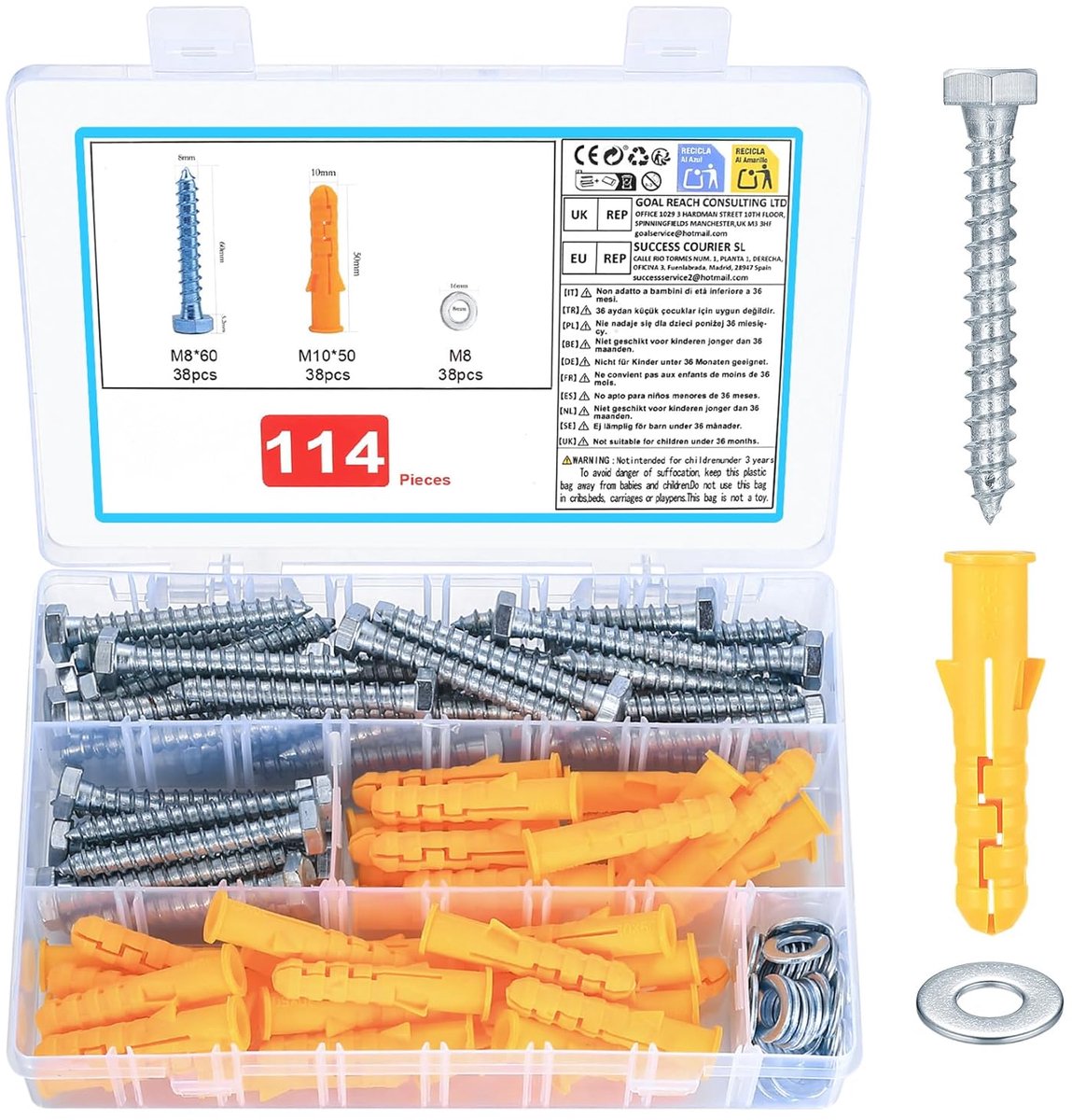 114 Heavy Duty Wall Fixings: 38 Pcs M10x50mm Heavy Duty Wall Plugs for Brick & 38 Pcs M8x60mm Hex Coach Screws & 38 M8 - ShopVlot