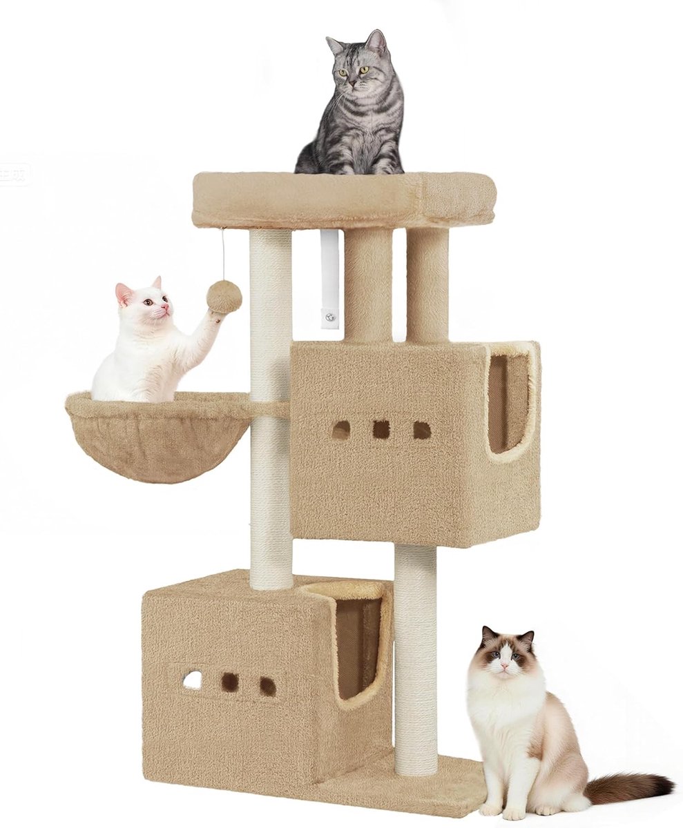 Hzuaneri 98 cm krabpaal, kleine krabpaal, camelbruin, Krabpaal met meerdere niveaus en zitplaats, kattenhuismeubel met 2 holen, sisal krabpaal, hangmat, hol