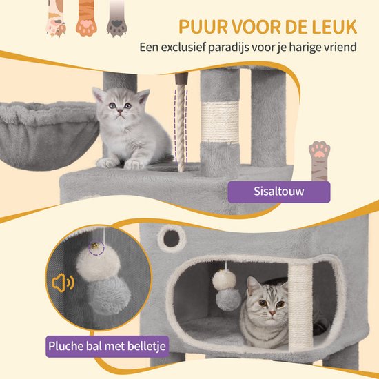 Grijze kattenkrabpaal met sisaltouw, pluche bal met belletje, en een schattige kitten.