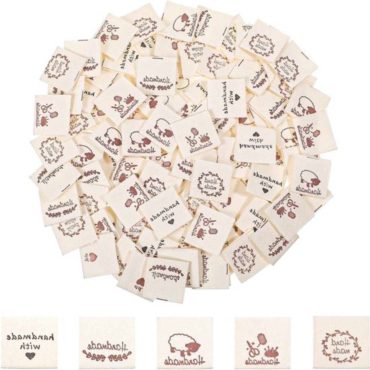 Handgemaakte stoffen labels in beige - 100 stuks, perfect voor kleding, naaien en textielprojecten