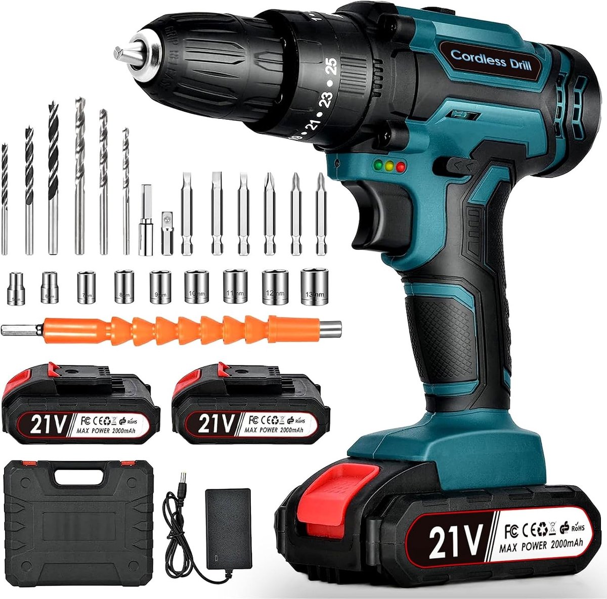 Accuboorschroefset - Blauw - 21 V - Inclusief 2 Accu's van 2000 mAh - Voor Doe-het-zelfprojecten