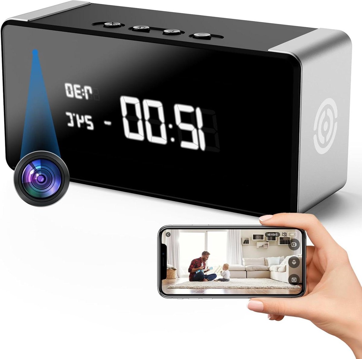 Wekker Camera - Verborgen Camera - Huis Bewaken - 4K Ultra HD - 150 Graden - Zwart