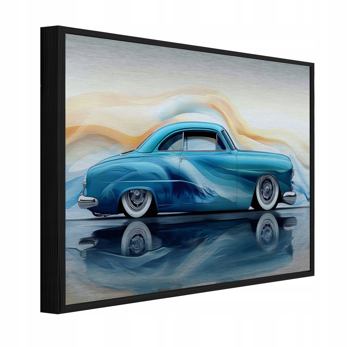WALLARENA Schilderij op geborsteld aluminium met zwarte lijst 120x80 cm - moderne auto - wanddecoratie voor woonkamer en slaapkamer Blauw