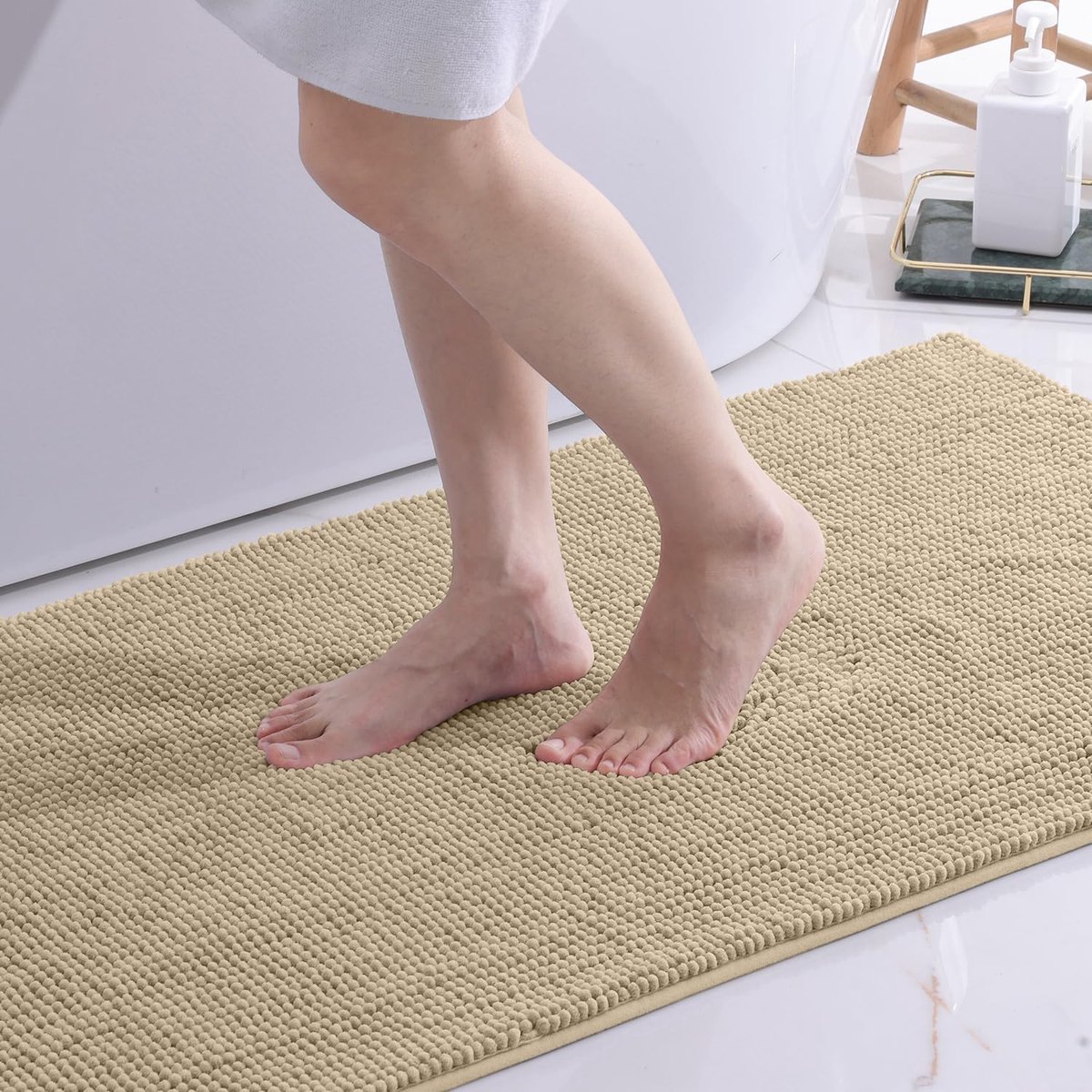 Olanly Badmat Antislip – Set Van 3 - Beige – Douchemat – Badmat Badkamer – kort pluche Chenille Badmat – 60x120cm