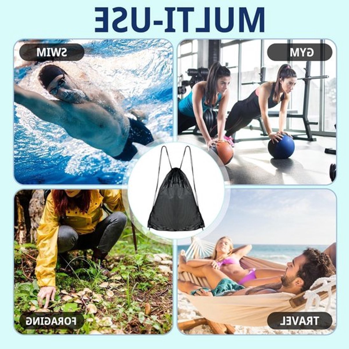 Set van 2 ademende strandtassen, lichtgewicht mesh tas met trekkoord, perfect voor strand, sport, gym en winkelen, 40 x 45 cm