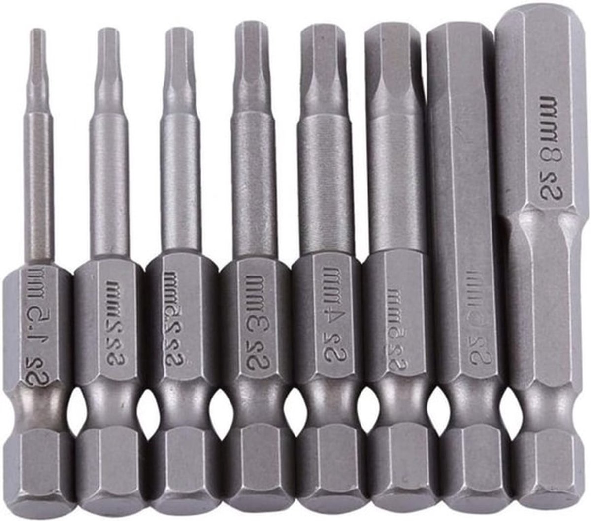 Set van 8 Magnetische Hex Head Schroevendraaier Bits van 50mm met S2 Hex Shank - H1.5 tot H8 Allen Bits voor Precisiewerk en Klussen