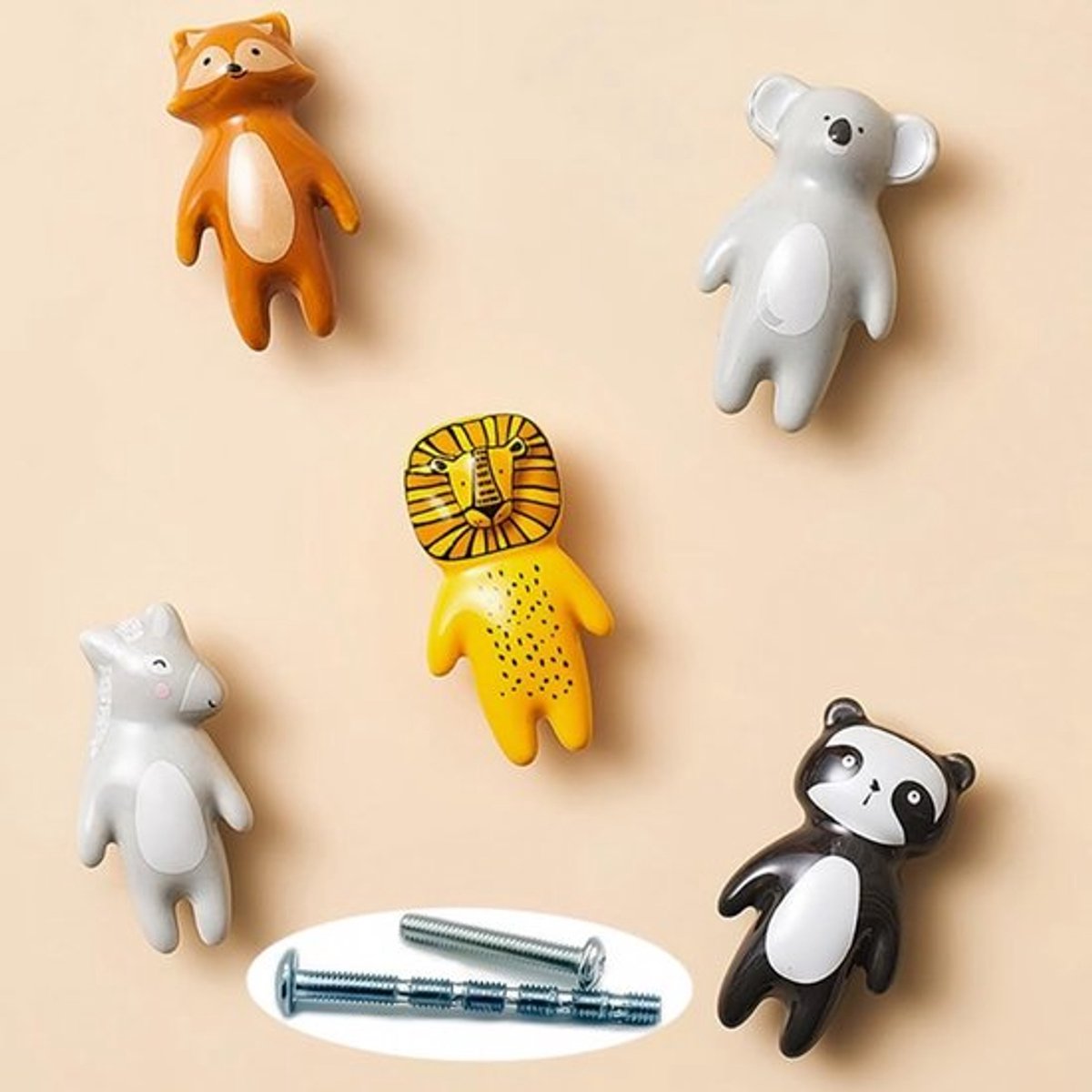 5 Pcs Schattige Dieren Knoppen voor Kinderen - Keramische Deurklinken en Ladeknoppen voor Kinderkamers, Inclusief Schroeven en Eenvoudige Montage