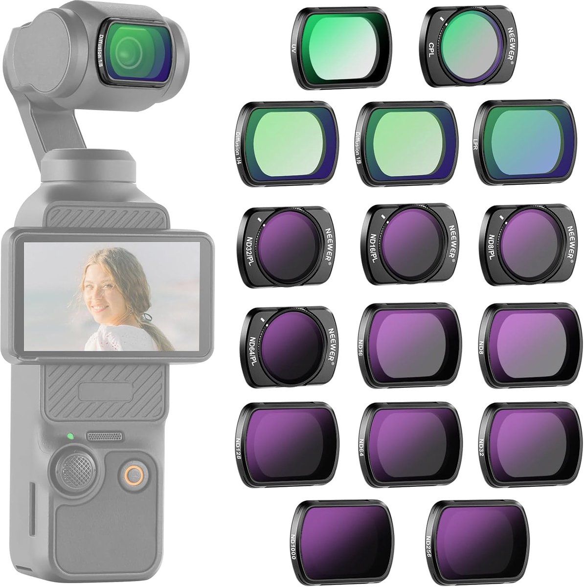SnelShoppen - 16-delige ND Filter Set voor DJI Osmo Pocket 3 & 4, inclusief ND8 ND16 ND32 ND64 ND128 ND256 ND1000, UV en CPL Filters, Geschikt voor Vl