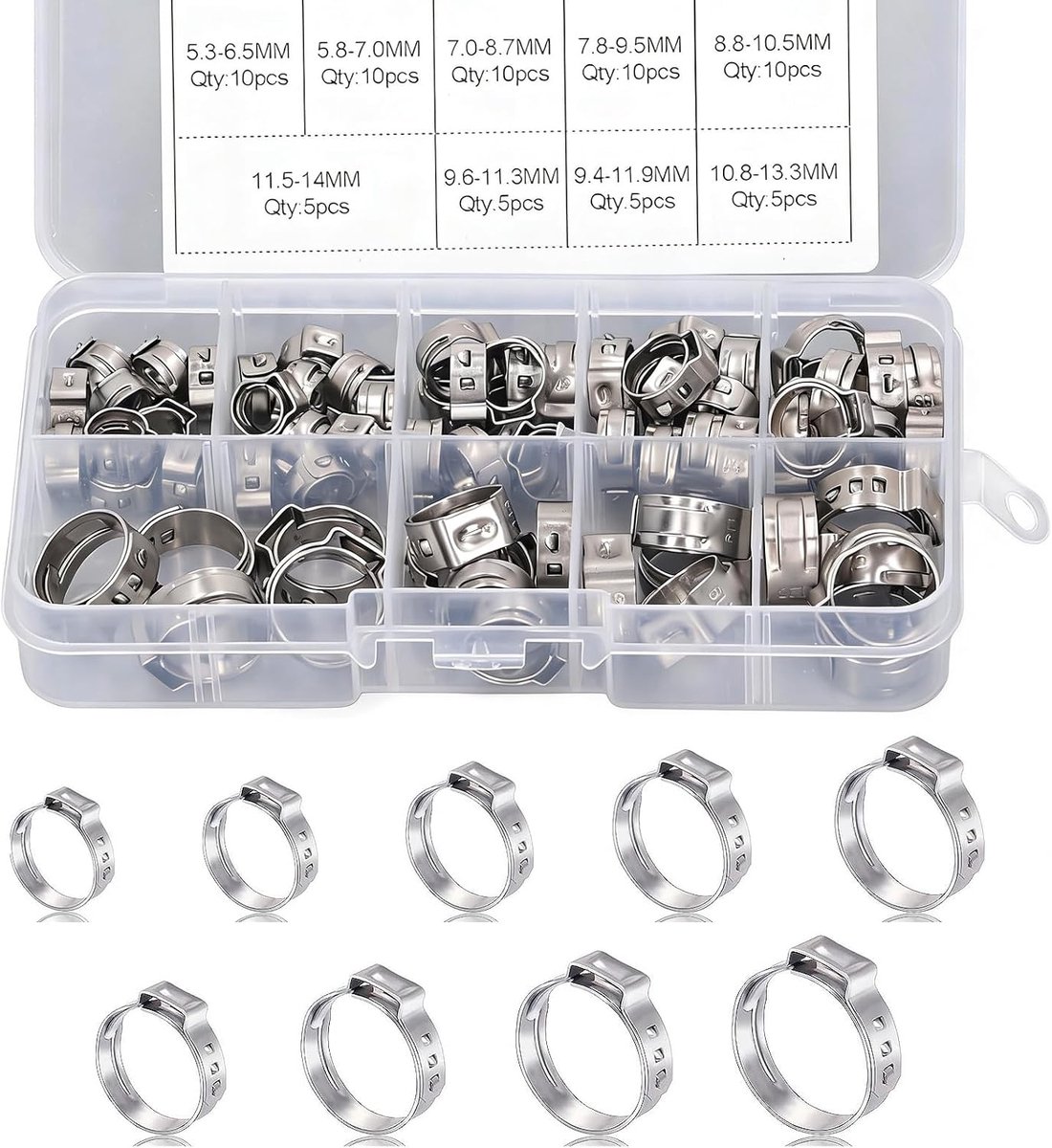 SnelShoppen - Set van 70 Stuks Rvs Slangklemmen, Roestvrij Staal Stepless Slangklemmen Assortiment voor Slangen, Hookah, Zwembadslangen