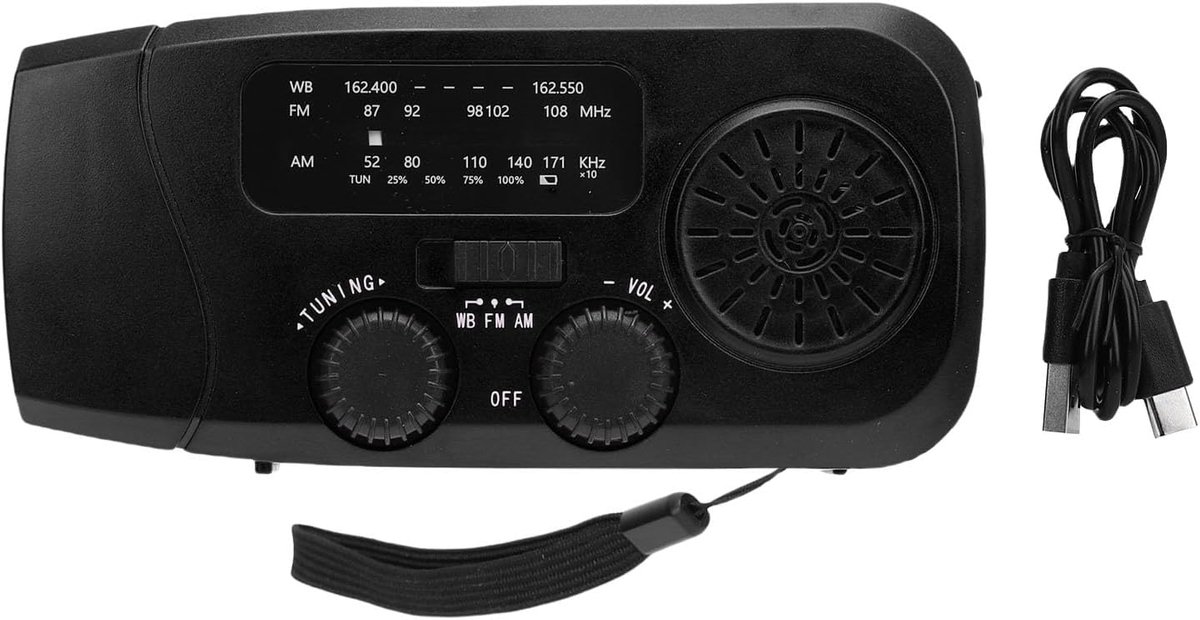 SnelShoppen - Solar Hand Crank Radio met 2000mAh Batterij, Type C USB Opladen, 4 Accu Indicator Lichten voor Camping, Wandelen, Outdoor Avonturen en N