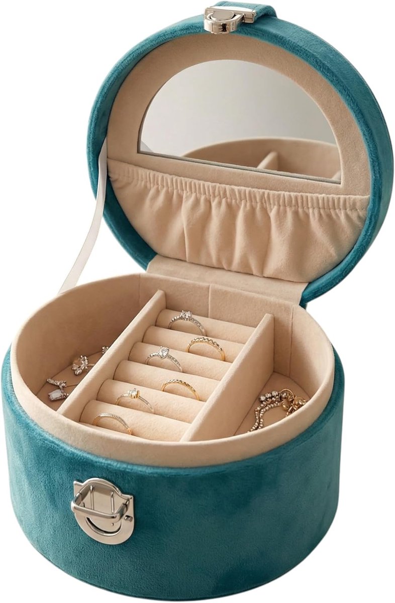 SnelShoppen - Compacte Velvet Sieradenbox in Petrol met Spiegel, Ringhouder en Vakken, Draagbare Sieradenkoffer met Snap Sluiting 12 x 11 x 7.5 cm