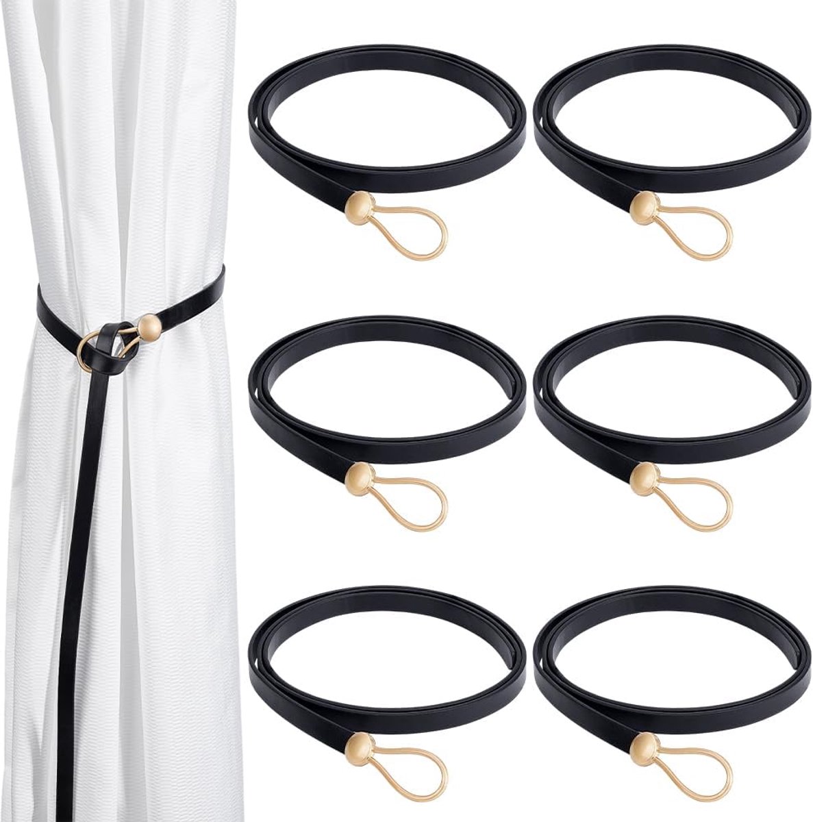 SnelShoppen - Set van 6 Leren Gordijnhouders, Geen Boren, Met Gesp, Minimalistische Stijl, Voor Raam, Gordijnen, Decoratieve Touw, Voor Thuis, Kantoor