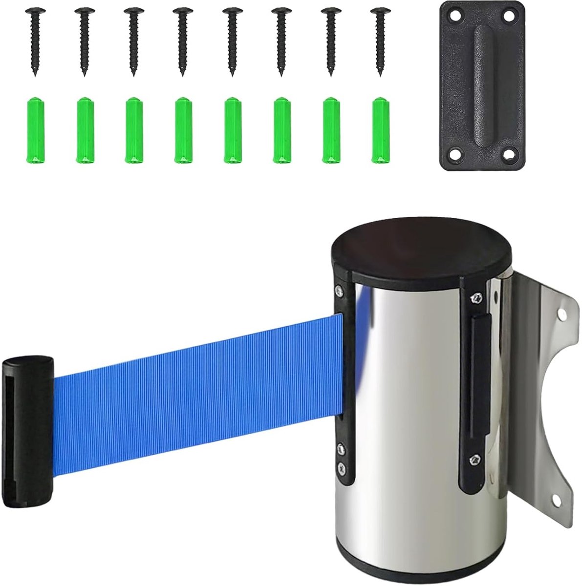 SnelShoppen - Uittrekbare Barrière 2 Meter, Uitbreidbare Buiten RVS Veiligheidsband Wandcontrole met Accessoires, Veiligheidsband, Donkerblauw