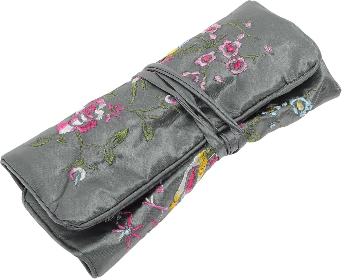 SnelShoppen - Travel Sieraden Rolltas, Chinese Borduring, Sieraden Organizer voor Armbanden, Kettingen, Ringen, Grijs, Ideaal voor Reizen