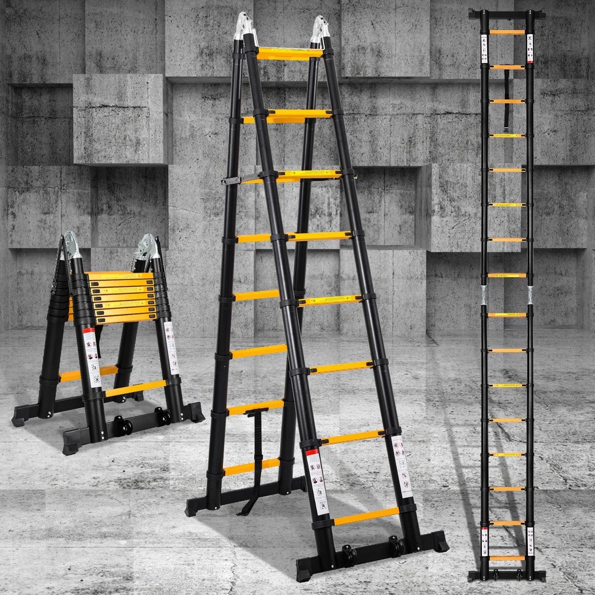 Telescopische Ladder - Klapladder Steiger - Huishoudelijk Werk - Veiligheids Hinge - 5 Meter Hoog - Zwart Geel
