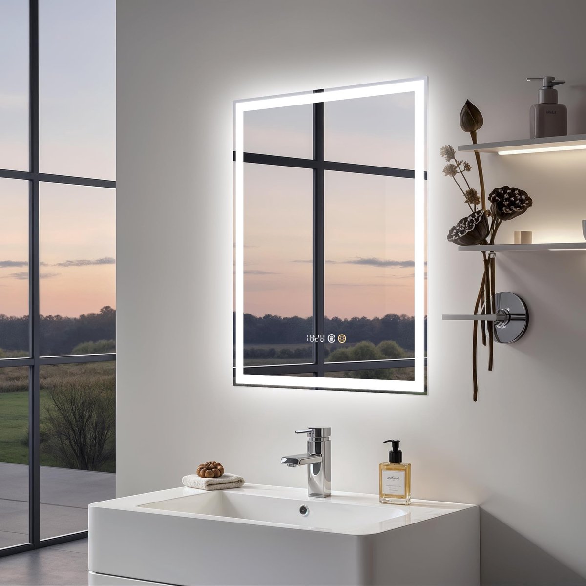 SnelShoppen - Badkamer Spiegel met Verlichting 45 x 60 cm, LED Spiegel met Tijdweergave, 3 Kleurtemperaturen, Anti-Fog Functie, Dimbare Helderheid, Ge
