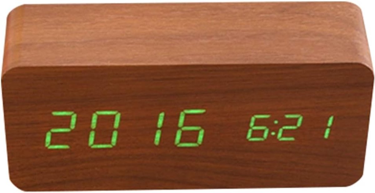 SnelShoppen - Houten Digitale Alarmklok met Tijd/Datum/Temperatuur/USB Voeding - Stijlvolle Bedside Tafel Klok voor Thuis en Kantoor - Verstelbare Hel