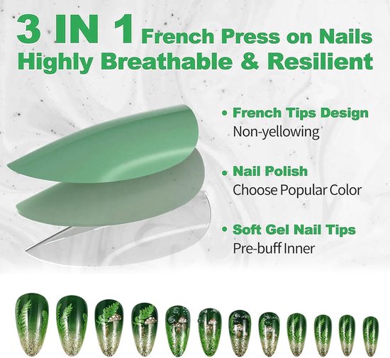 24 Handgemaakte Press-on Nagels | Kerstnagels te plakken met Design Amandelvormige Nagels met Paddestoel Jelly Gel Draagset Voor Vrouwen en Meisjes — afbeelding 2
