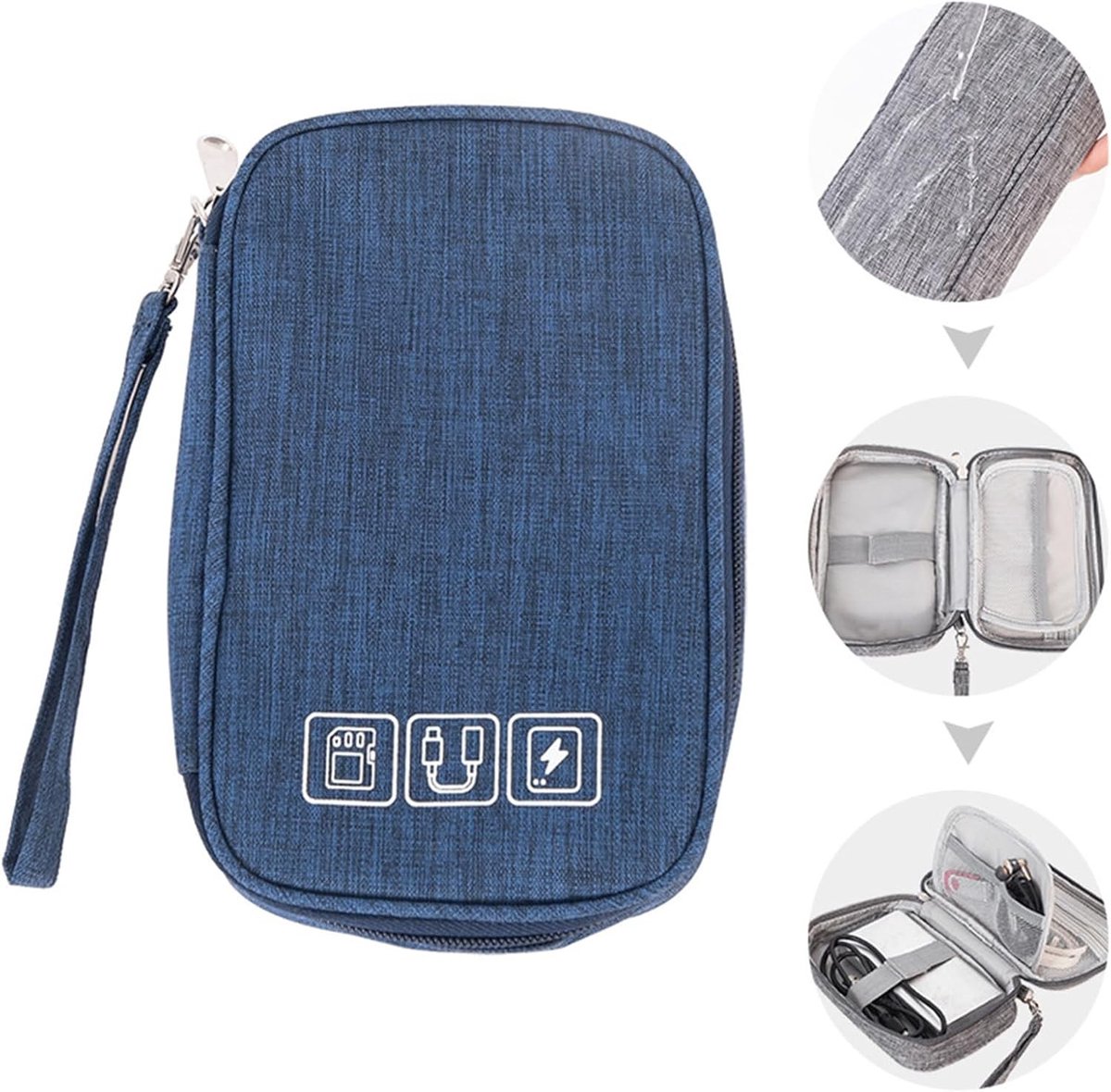 Draagbare kabelorganizer voor elektronica, reisaccessoire, oplaadkabels en kabels opbergen, donkerblauw, 19cm x 12cm