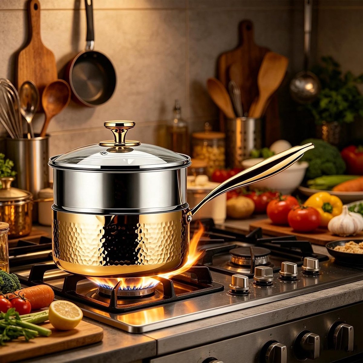 Roestvrijstalen Kookpot - Steelpan Stoompan - Maaltijden Bereiden - Dubbele Schenktuit - 20 x 22 x 20 cm - Goud
