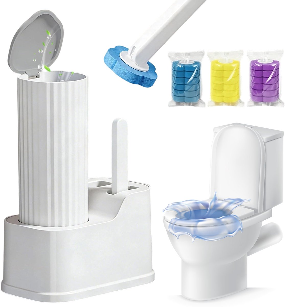 Toiletborstel met Houder - WC Borstel - Toiletborstel Wandgemonteerd - 18 Vervangbare Kop - 3 Kleuren - Verlengd - Voor Voegen en Afvoer - Toiletborstelhouder Set