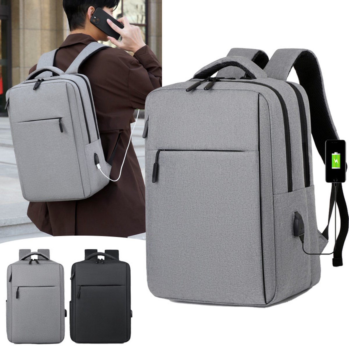 YAGXIG Computerrugzak - Zakelijke rugzak - Laptoprugzak - Grote rugzak - Met USB-opladen - Geschikt voor 15,6 inch - Waterdichte rugzak - Grijs