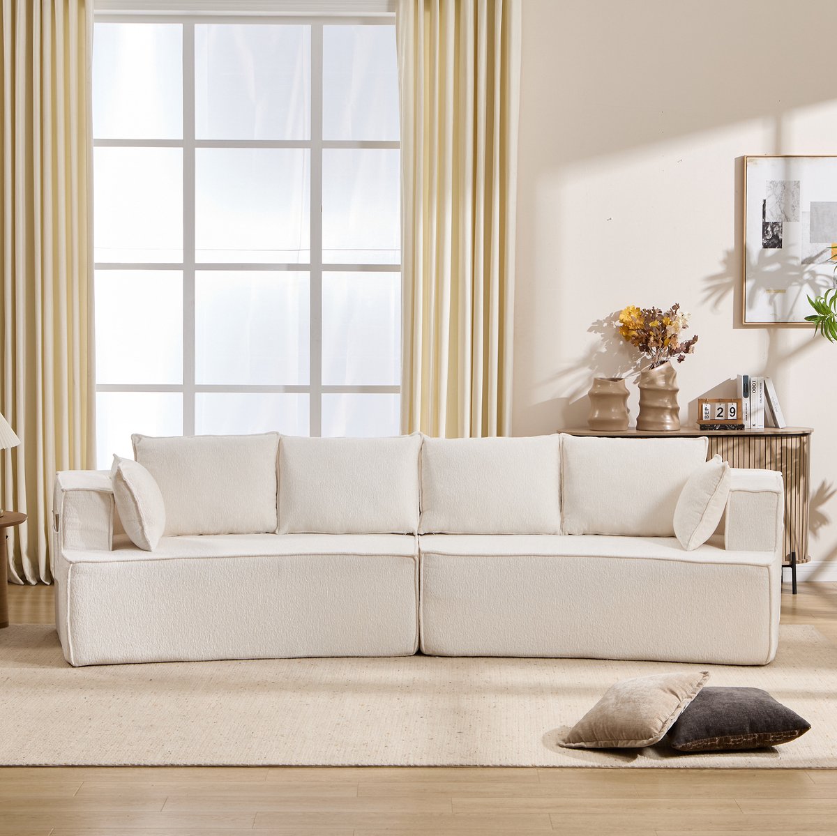 FloraGrace Zitbank 4-Zits - Modulaire Diepe Zitting Met Gebogen Vorm - Zacht Comfort Voor Woonkamer Slaapkamer Of Kantoor - Fluweel - Wit