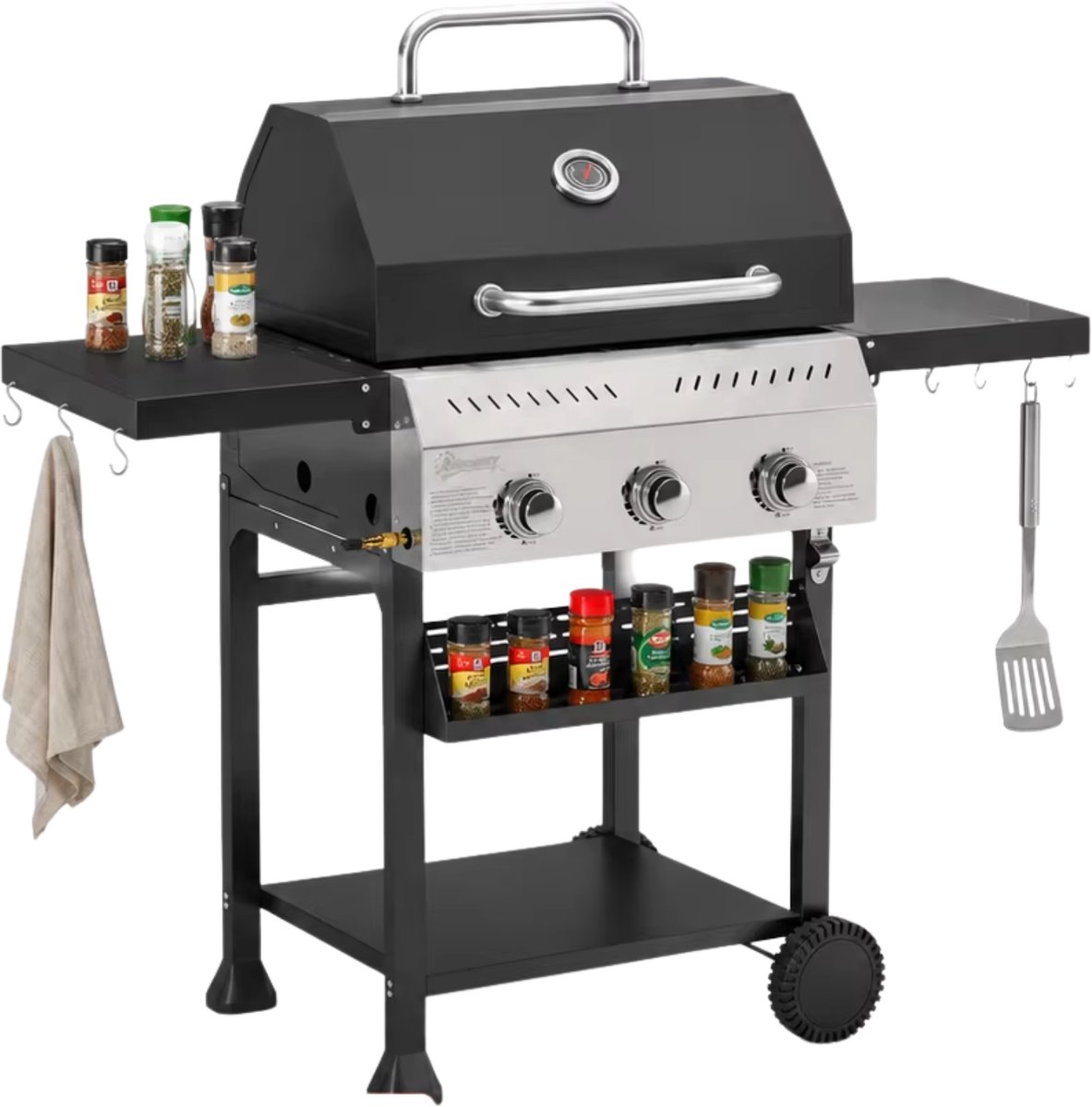 Gasbarbecue 3-Pits 9 KW – Opklapbare Zijtafel, Kruidenrek & Opbergplank