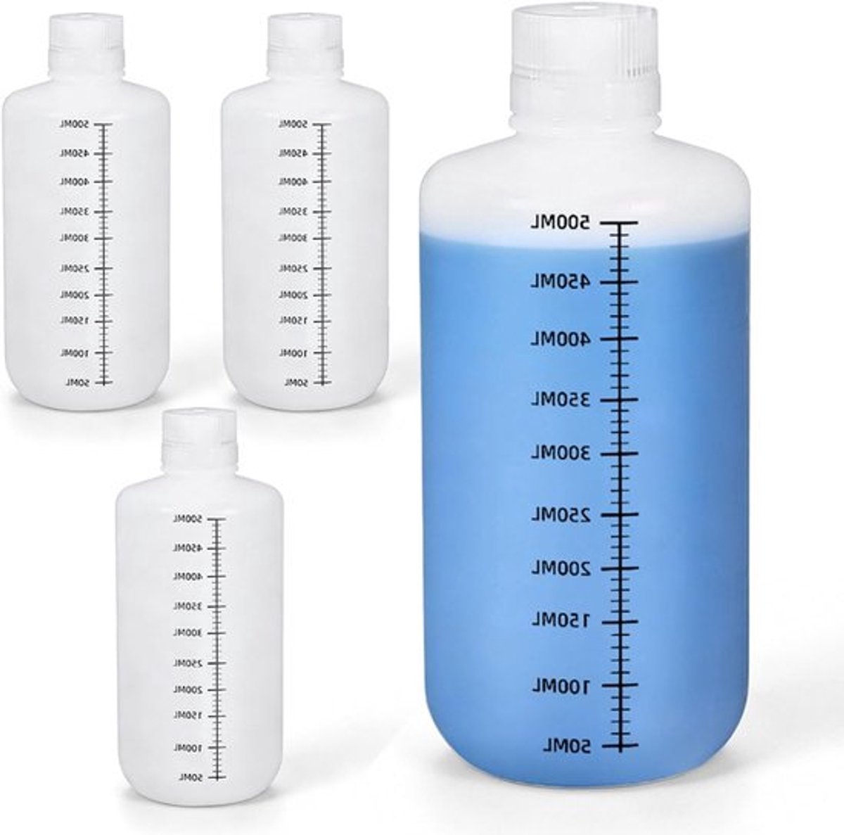 Set van 4 brede nek flessen 500 ml, herbruikbare plastic laboratoriumflessen met afsluitdeksel, ideale vloeistofopslag en schaalverdeling voor nauwkeurige metingen