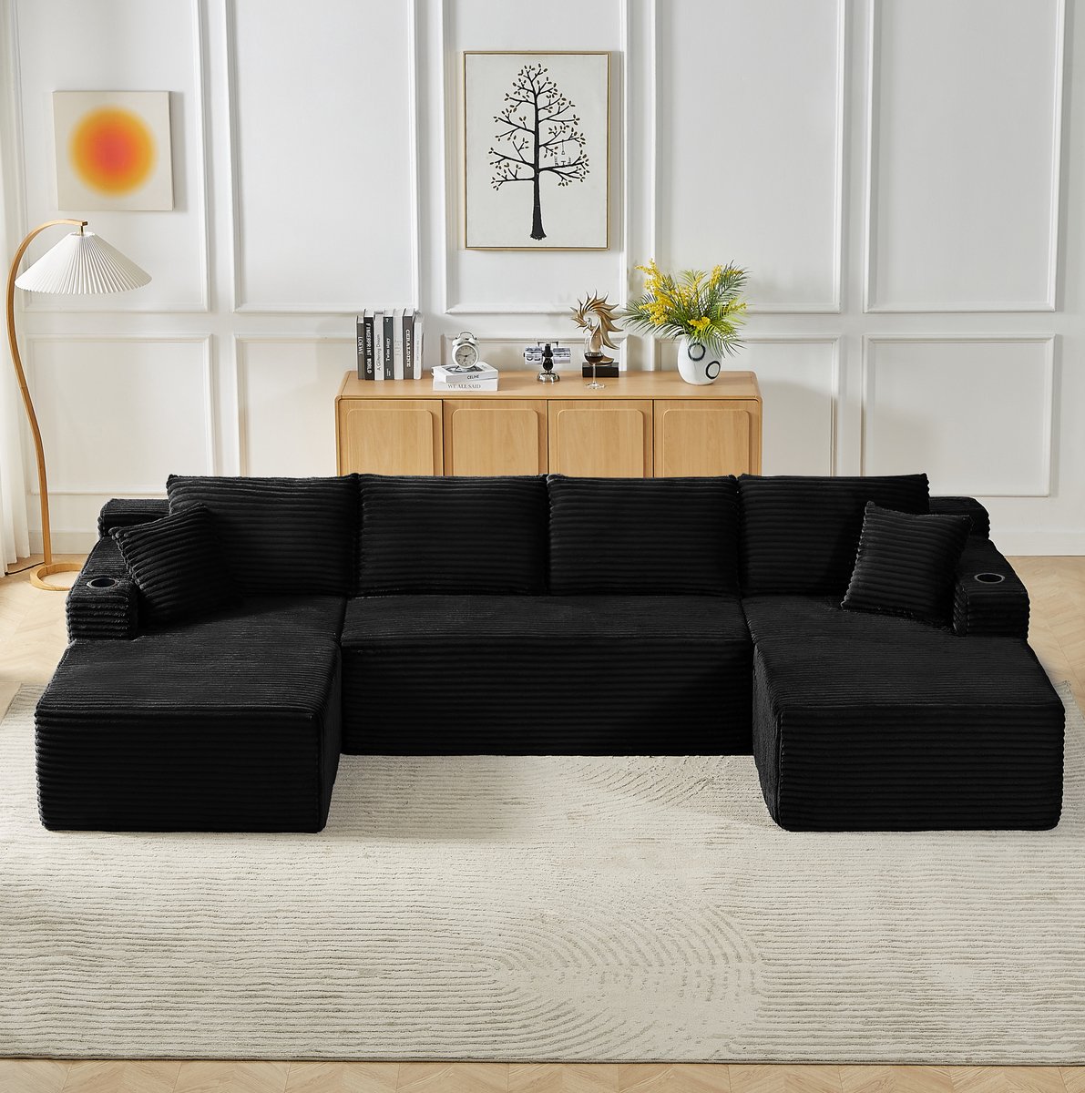 FloraGrace U-bank 6-Zits - Modulair Hoekloos Design Met Diepe Zit En Zachte Ondersteuning - Voor Woonkamer En Lounge - Corduroy - Zwart