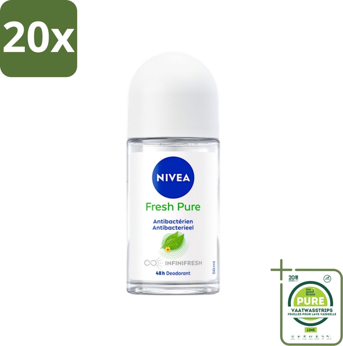 20 x NIVEA - Deodorant Roller - Frisse Puurheid - Antibacterieel - 48 Uur Werking - 50 ml - Grootverpakking - NIVEA Deodorant - Deodorant Roller - Deodorant 50 Ml - Antitranspirant - Aluminiumvrij Deodorant