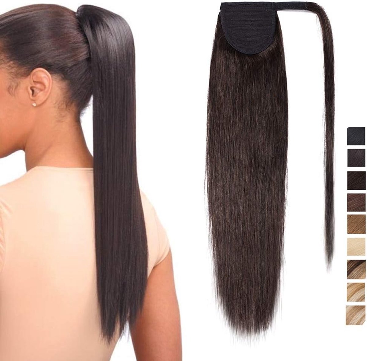 Ponytail Hair verlenging 18" - Echthaar remy donkerbruin - Clip in haarstuk - Verander je look snel - ShopVlot