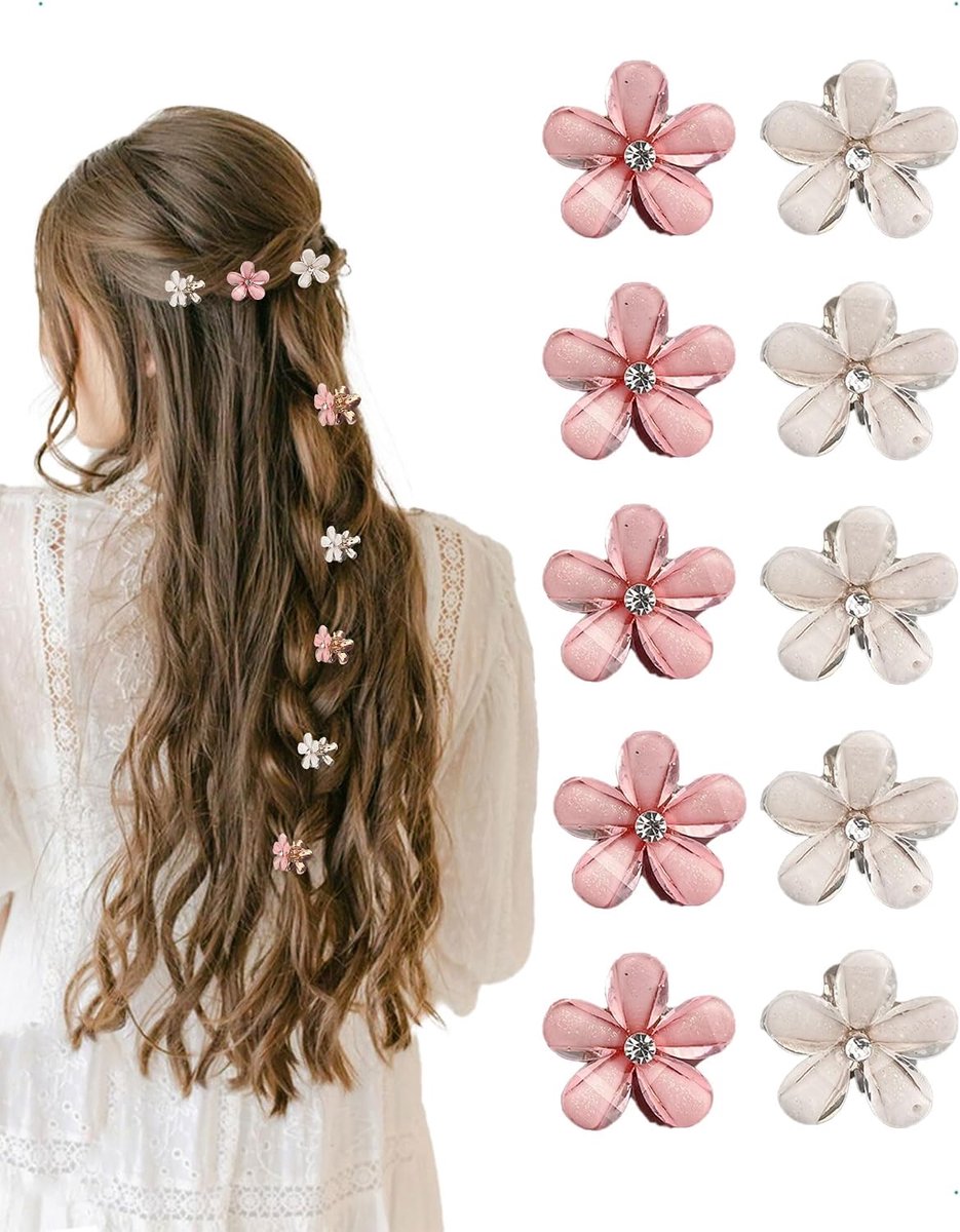 SnelShoppen - 10x 2x2cm Hawaii Bloem Haarspeldjes - Bloemige Haarclips voor Krullen, Paardenstaarten en Buns - Roze en Wit - Haaraccessoires voor Fees